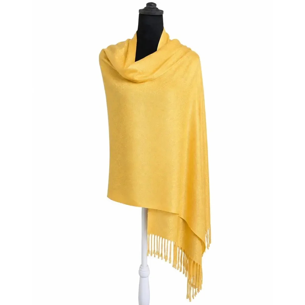 Pashmina Scarf Shawl Yellow Silk Blend Tassel Fringe Wrap Soft Quiet Luxury